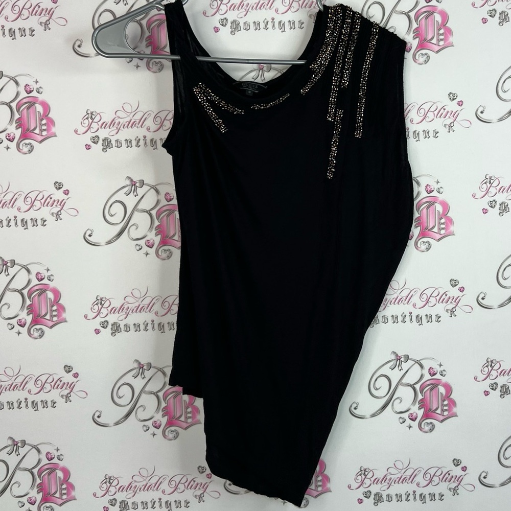 Guess tank top beaded sparkly Black Asymmetrical Top with Silver gold Accents